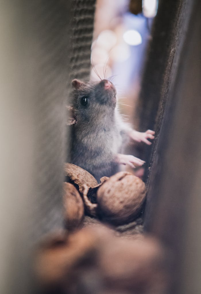 Home A curious mouse peeks through walnuts in a soft focus image, creating a cozy, natural scene.